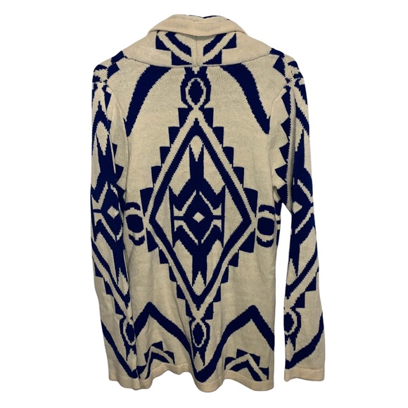 Active Aztec Print Cobalt Blue and Cream Duster Cardigan Sweater Size Medium - Picture 6 of 6